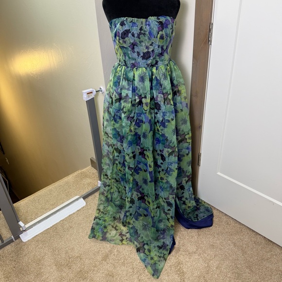 Lulus Wonderful Waltz Green Floral Print Strapless Bustier Maxi Dress Lined Slit - Picture 2 of 9